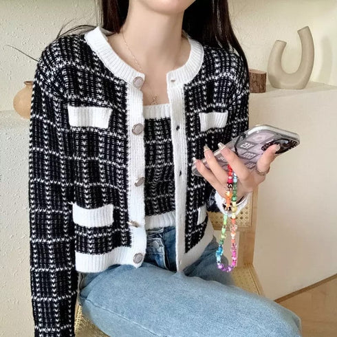 Elegant Plaid Round Neck Soft Knitted Cardigan Sweater with Tank Top Set
